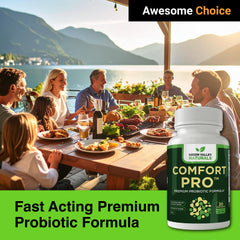 Lifestyle scene with ComfortPro bottle suggesting daily gut balance.