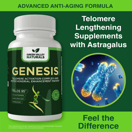 Close-up of Genesis capsules highlighting a vegetarian wellness formula.