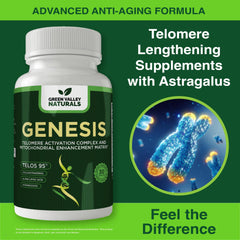 Close-up of Genesis capsules highlighting a vegetarian wellness formula.