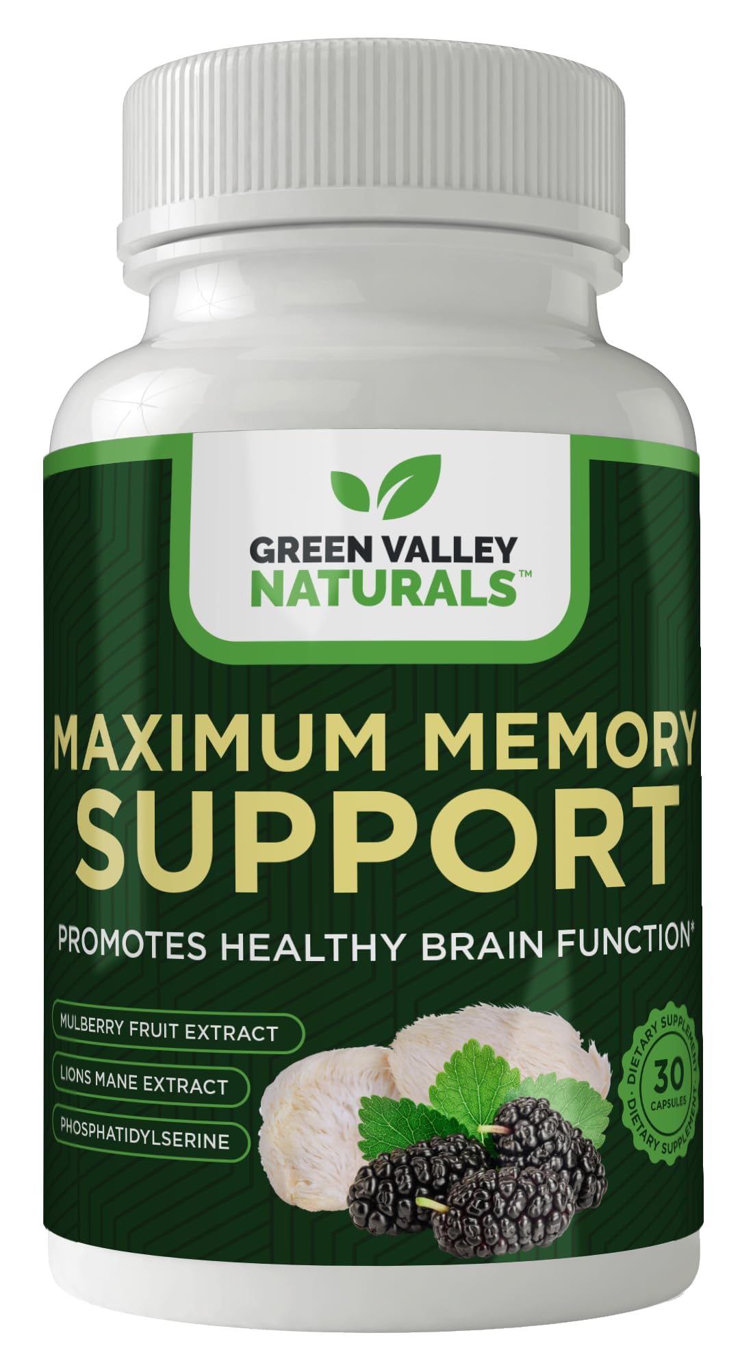 Green Valley Naturals Maximum Memory bottle on a desk supports focused thinking.