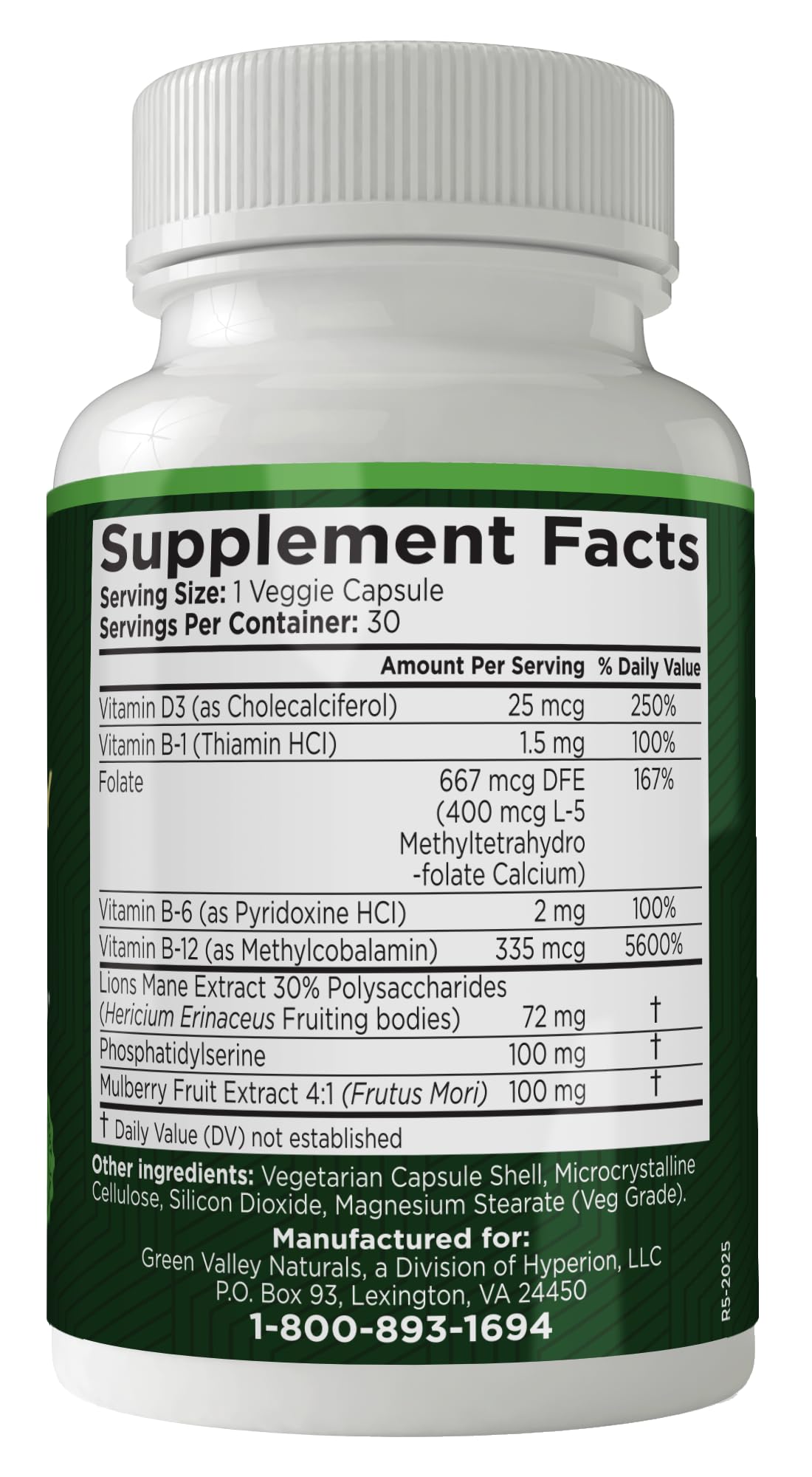 Green Valley Naturals Maximum Memory capsules arranged on a wooden surface for daily focus.