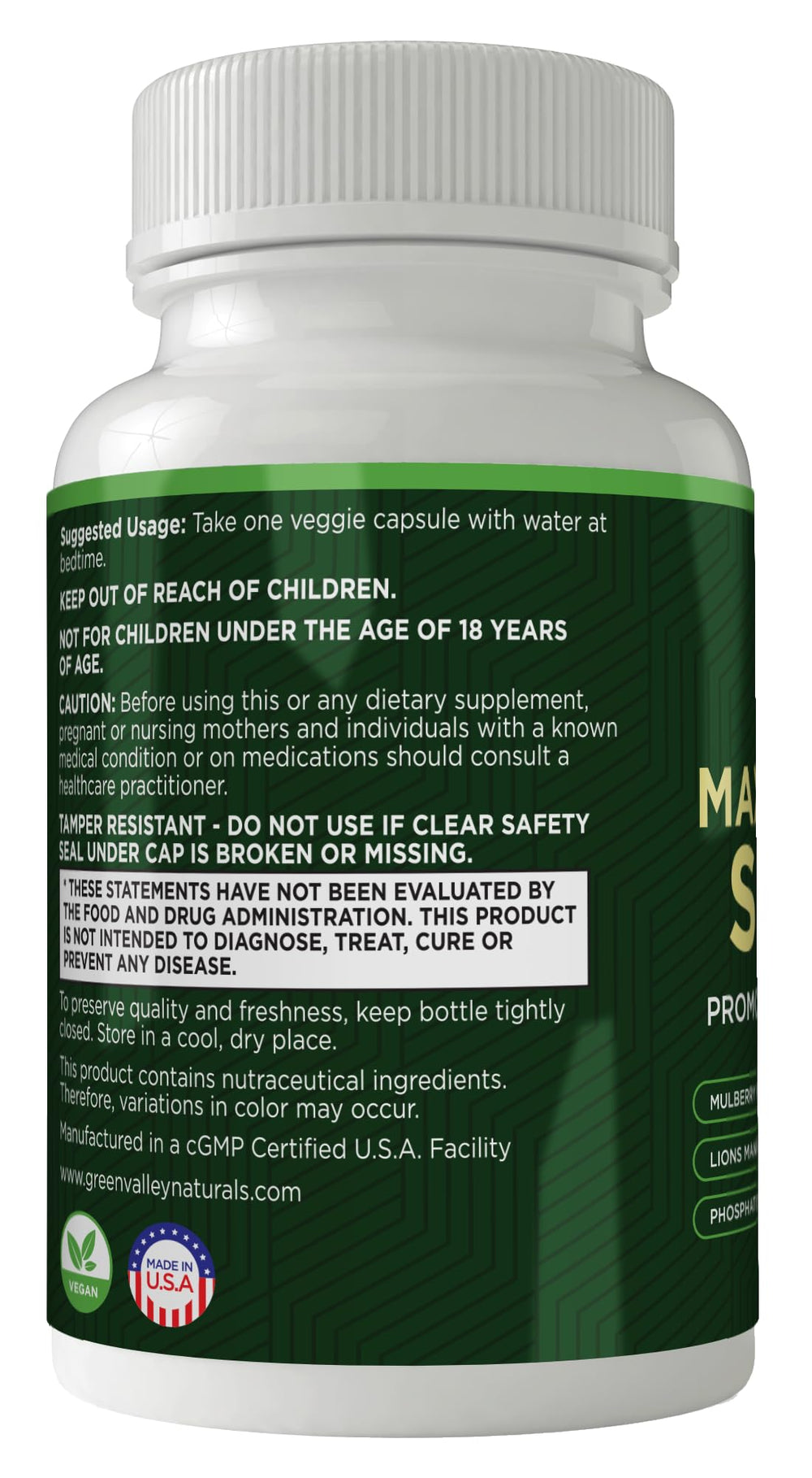 Close-up of Green Valley Naturals Maximum Memory label signaling premium formulation for mental clarity.