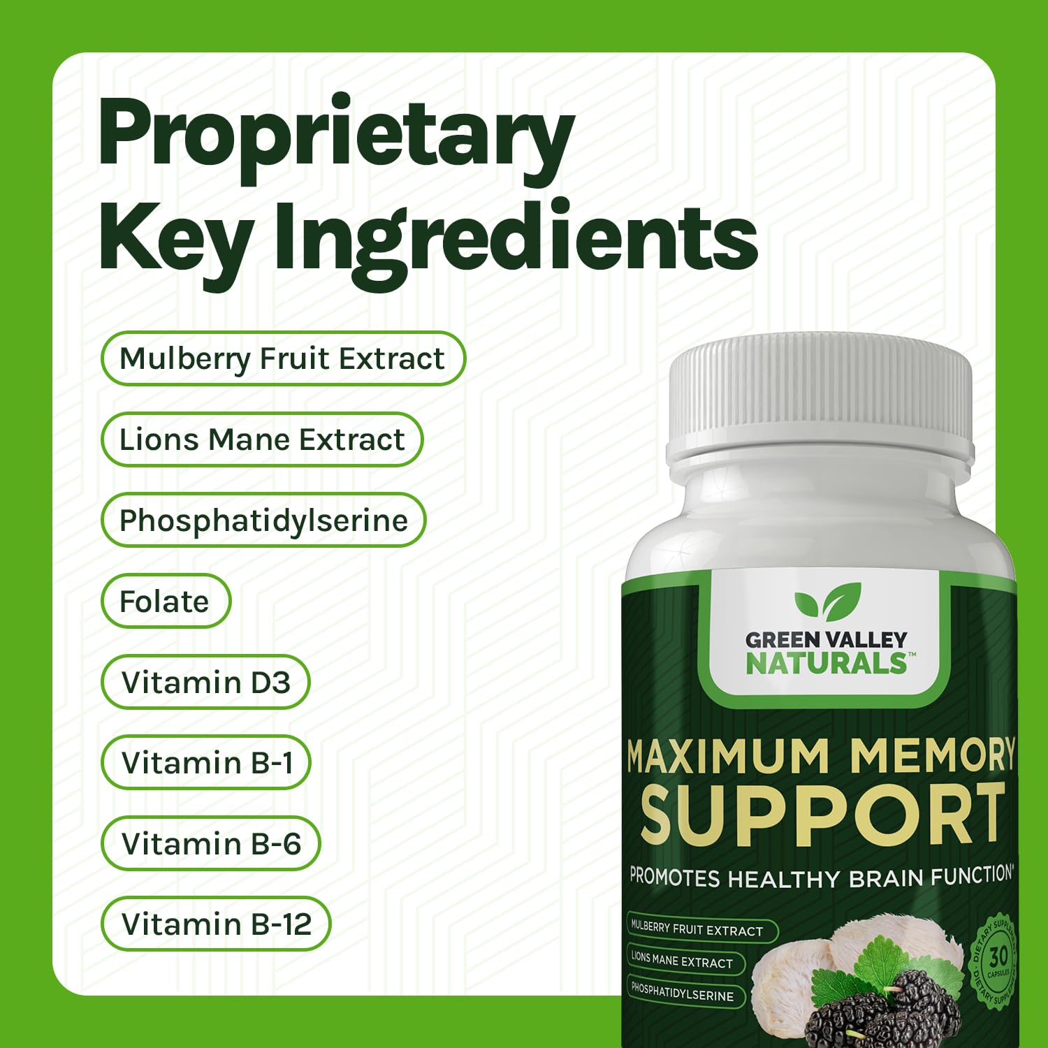 Green Valley Naturals Maximum Memory packaging box with product details.