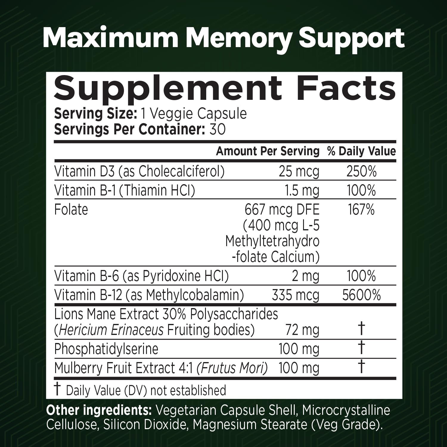 Green Valley Naturals Maximum Memory tablets beside a coffee cup for daytime focus.