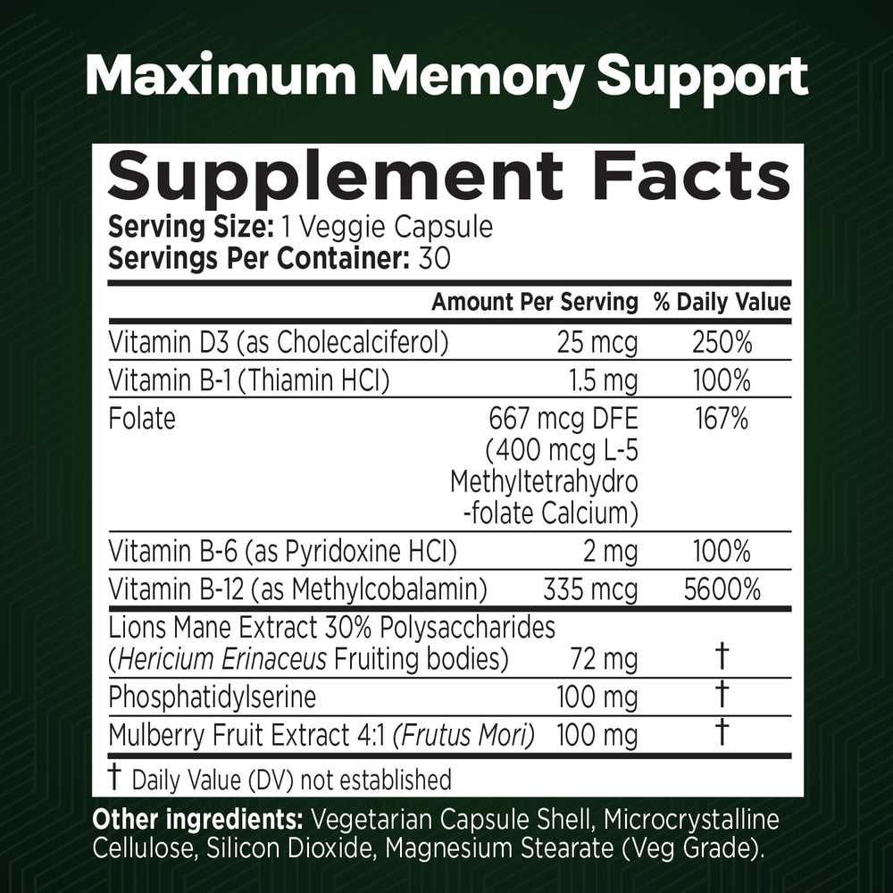Green Valley Naturals Maximum Memory tablets beside a coffee cup for daytime focus.