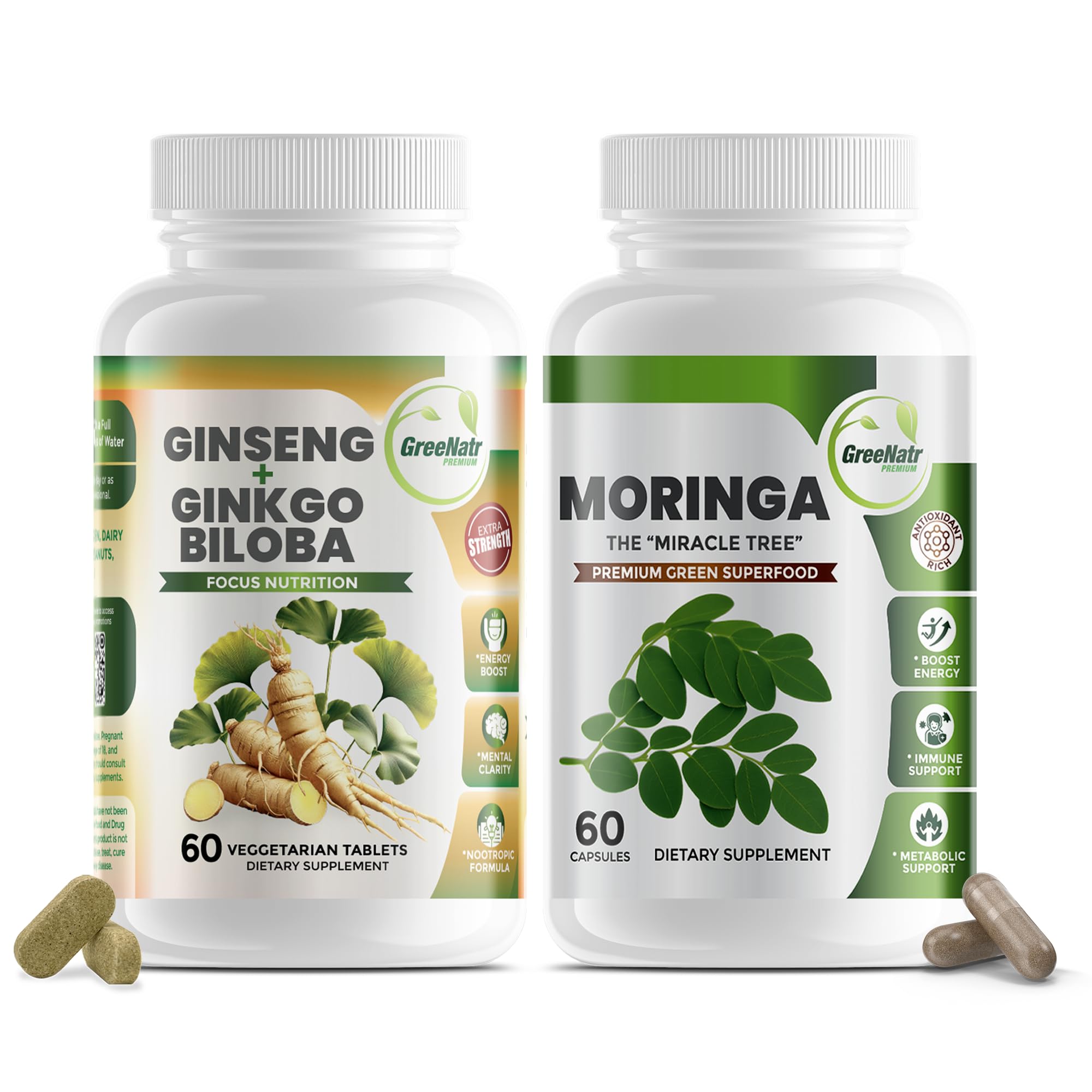 GreeNatr bottle front with capsules designed for daily energy and focus.