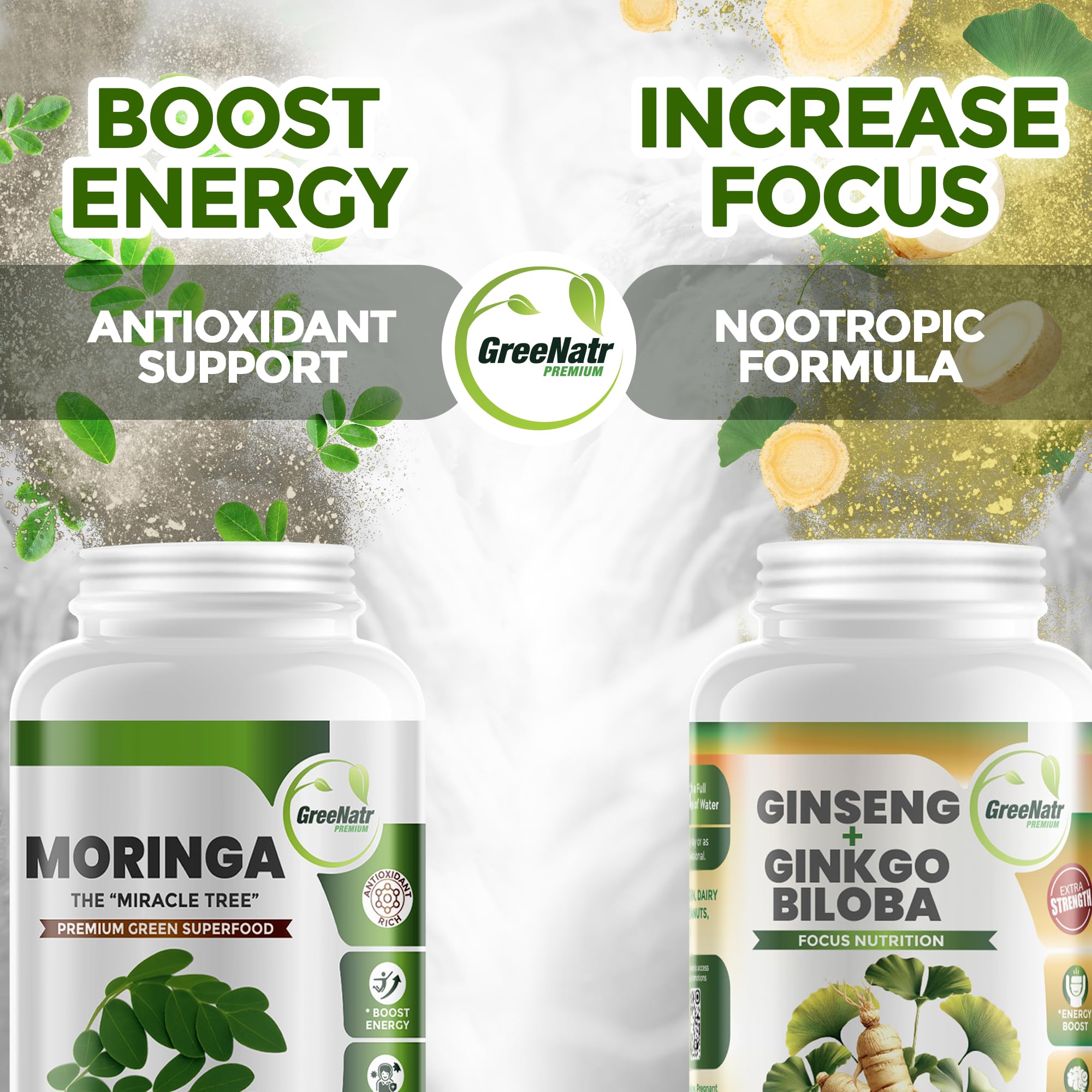 GreeNatr capsules close-up showing ginkgo, ginseng, and moringa ingredients.