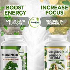 GreeNatr capsules close-up showing ginkgo, ginseng, and moringa ingredients.