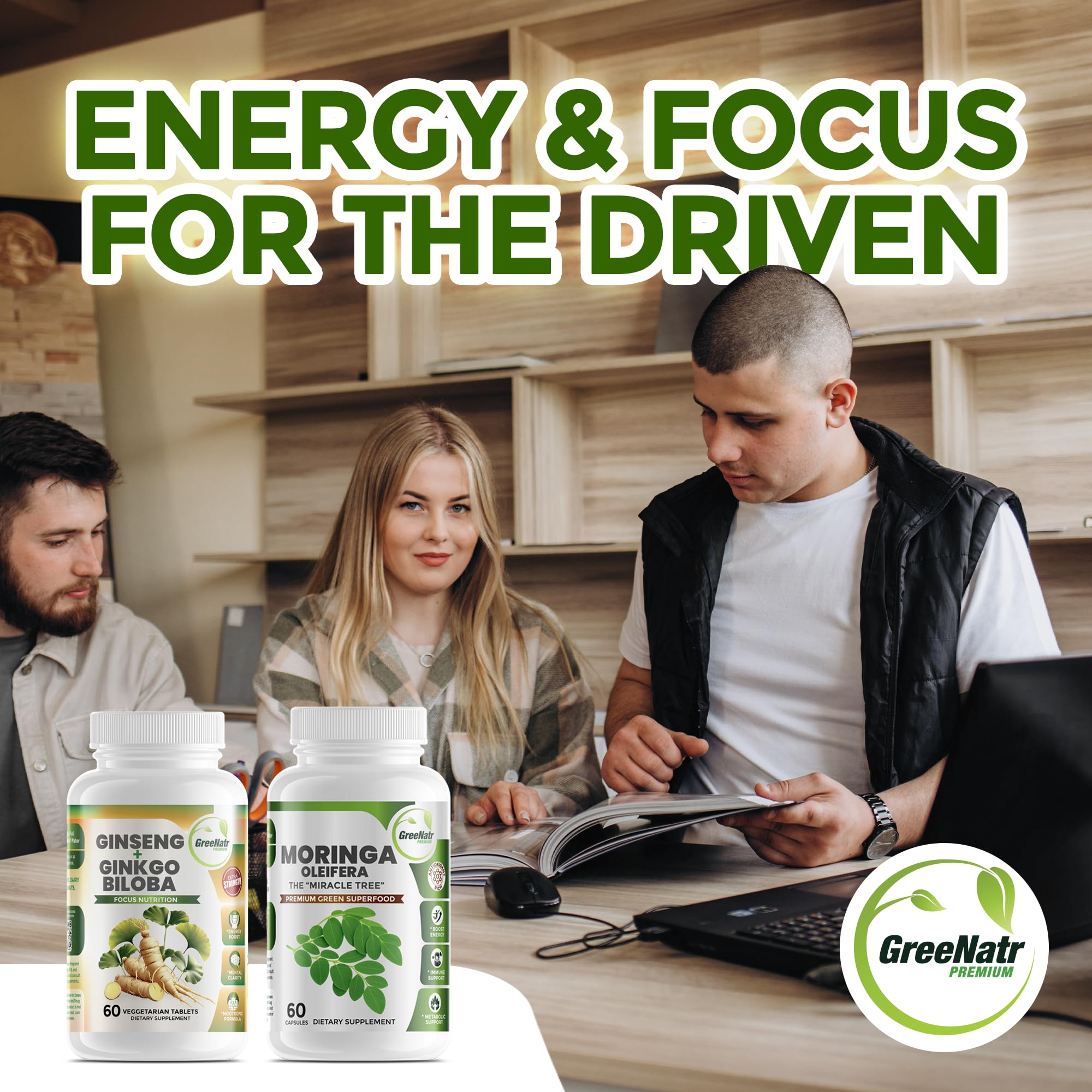 GreeNatr daily routine image showing capsules for wellness.