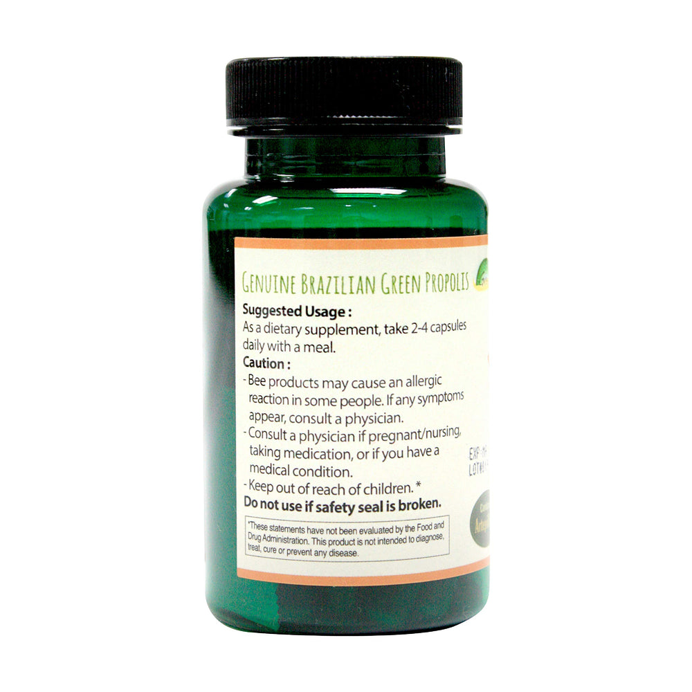 Greenbow Green Propolis capsules in bottle offer convenient vegan daily supplementation.