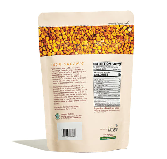 Greenbow Organic Bee Pollen jar with resealable lid for easy storage.