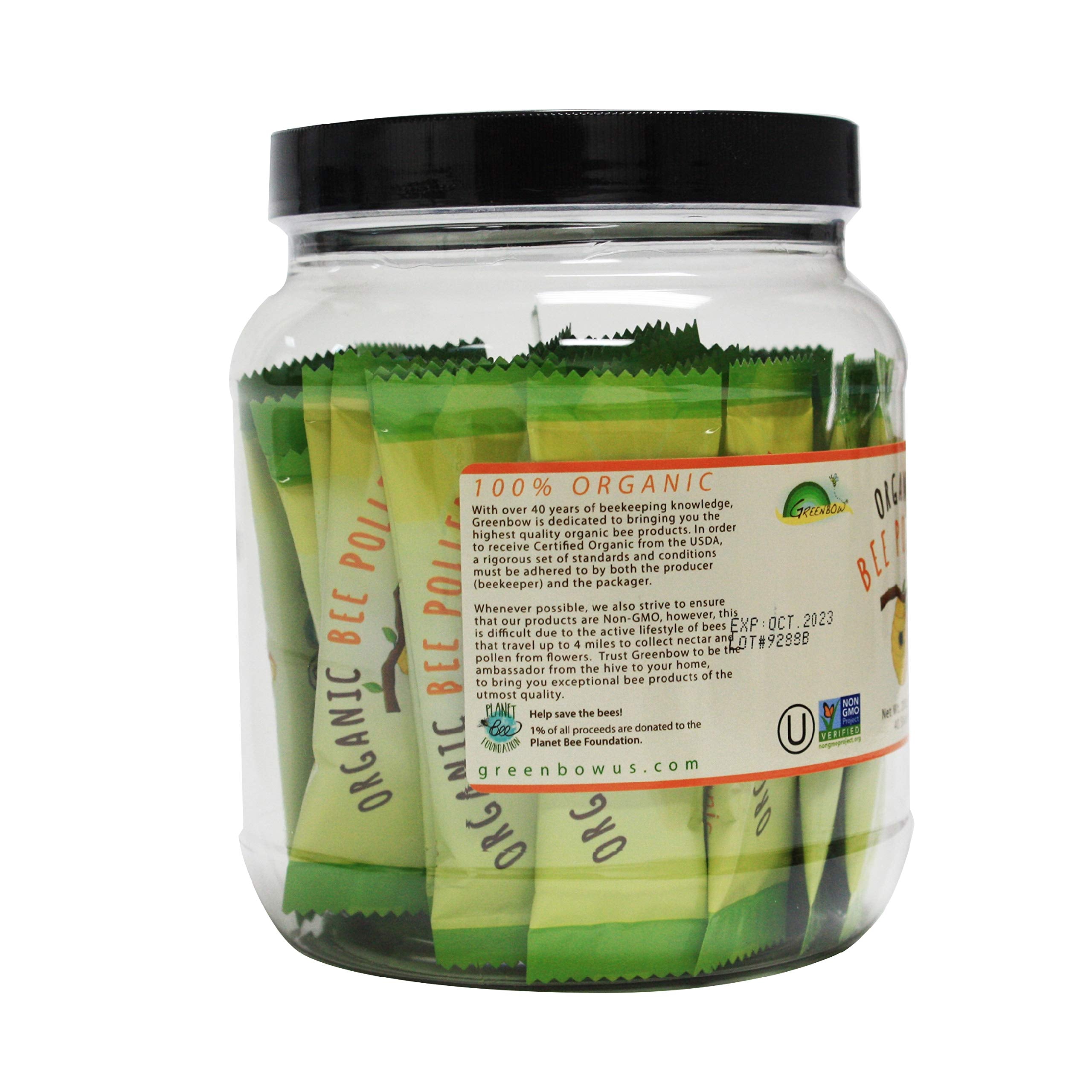Greenbow Organic Bee Pollen packaging label highlights USDA organic certification.
