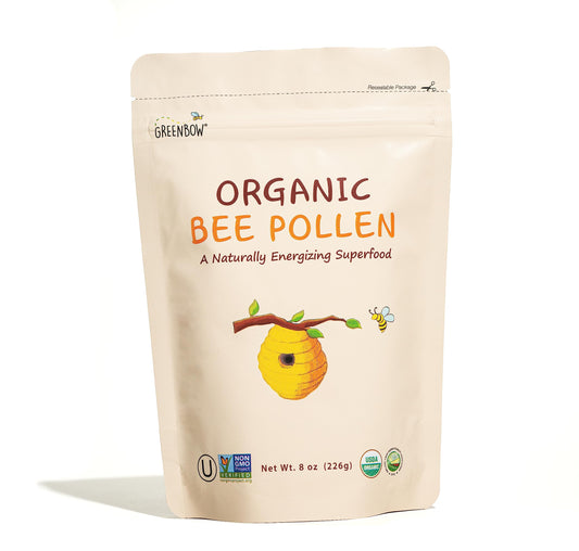 Greenbow Organic Bee Pollen packaging highlights purity and ready-to-use convenience.