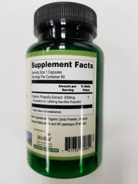 Closeup of Greenbow Propolis capsules—no additives and gluten-free formulation.
