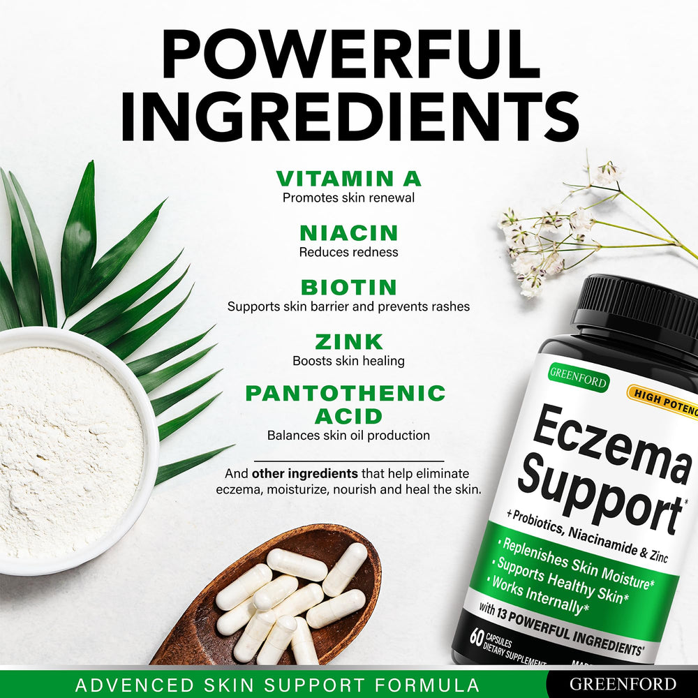 Greenford Eczema Support label closeup showing vegan non-GMO formula