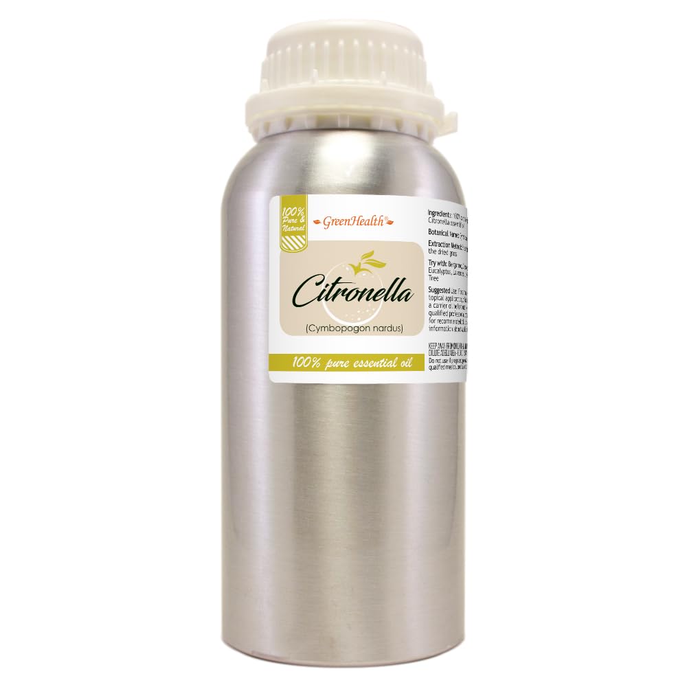 GreenHealth Citronella oil bottle in durable aluminum packaging preserves freshness for diffusers.