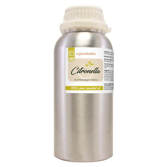 GreenHealth Citronella oil bottle in durable aluminum packaging preserves freshness for diffusers.