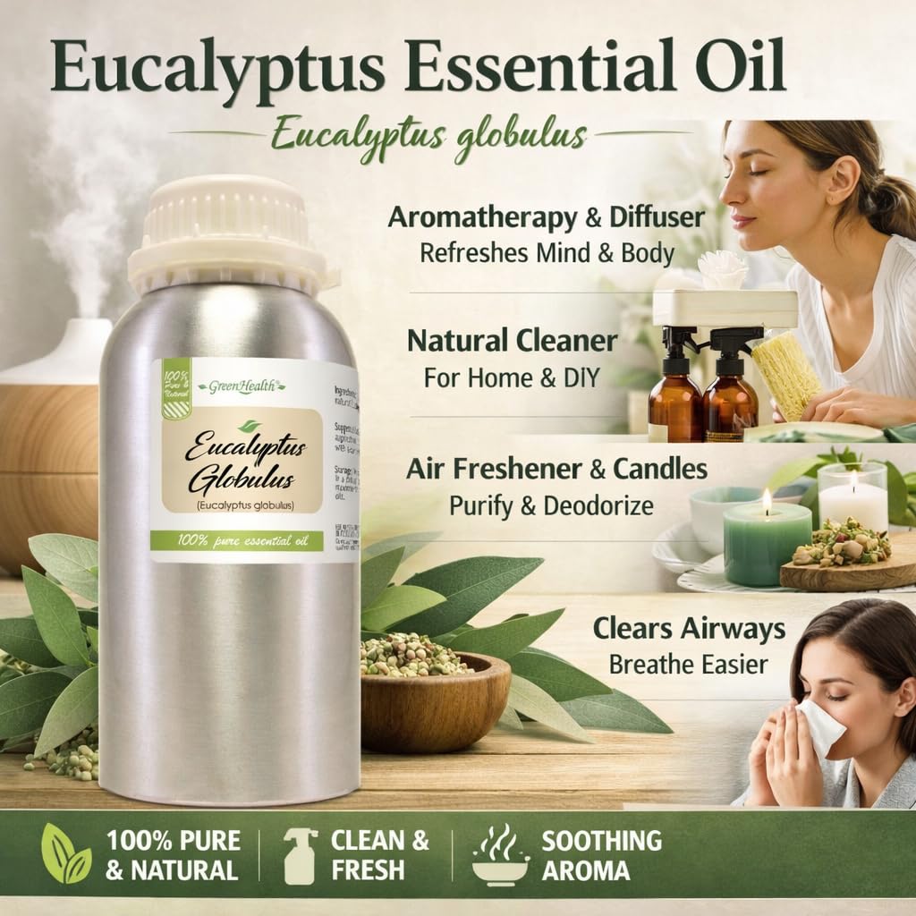 GreenHealth Eucalyptus Globulus oil diffuser — enhances rooms with camphor-like freshness.