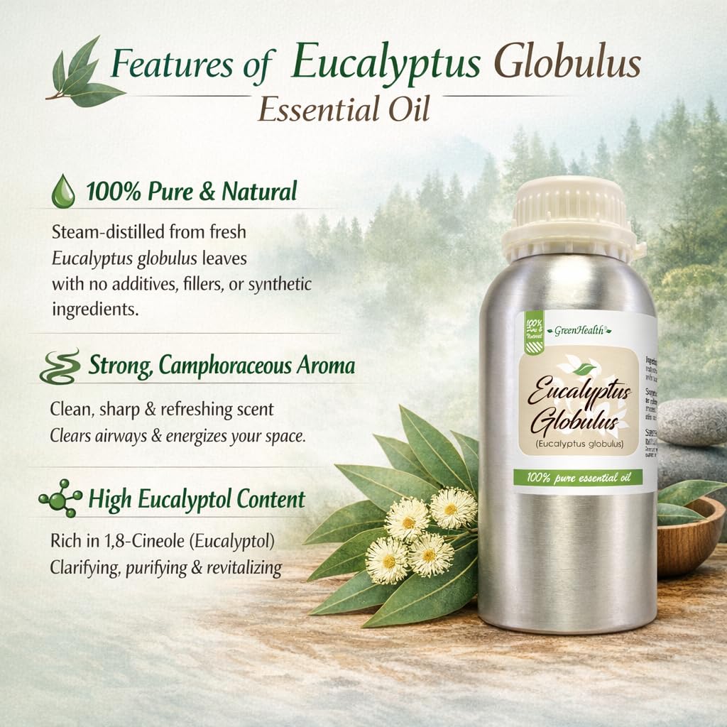 GreenHealth Eucalyptus Globulus oil label — clear purity information for easy reference.