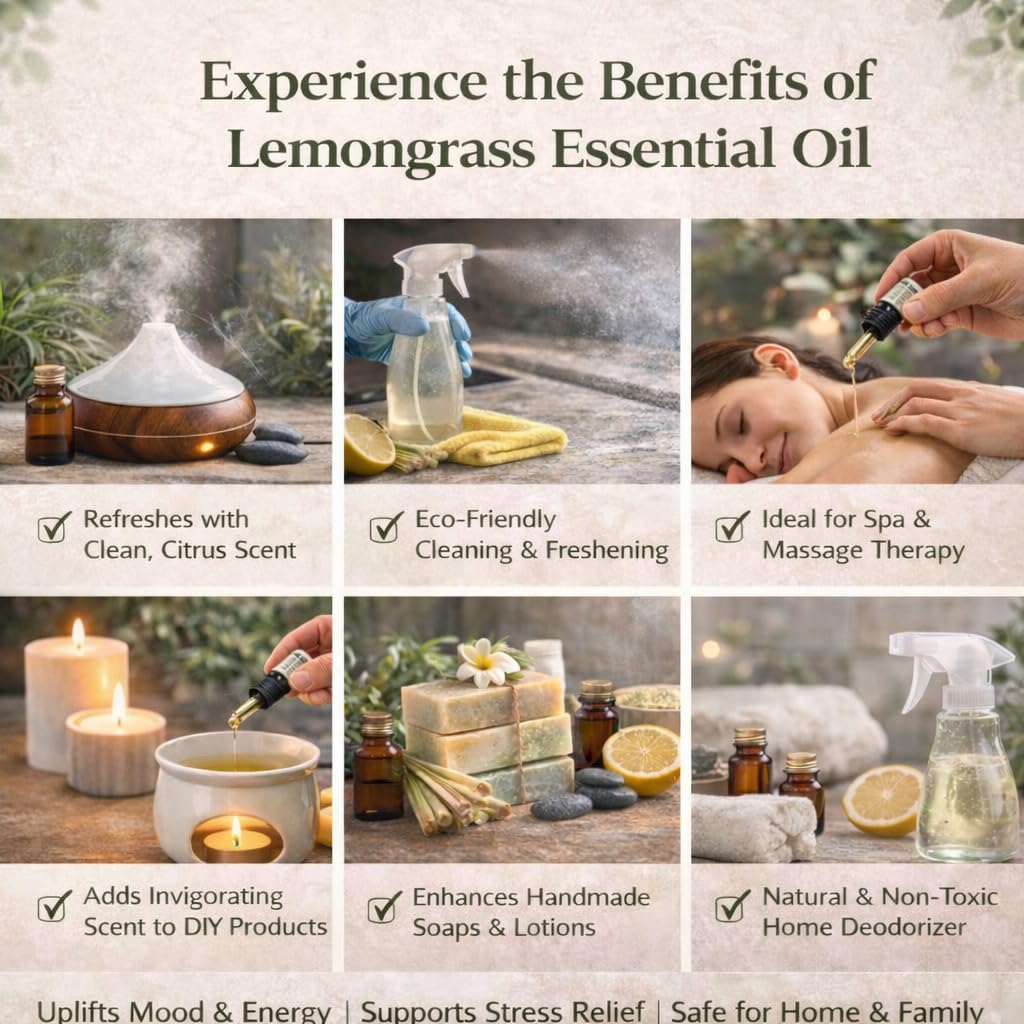 GreenHealth Lemongrass essential oil bottle label close-up highlights purity.