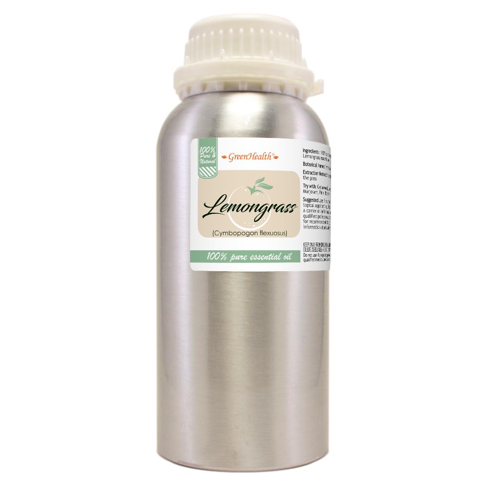 GreenHealth Lemongrass essential oil bottle pour demonstrates easy diffusion and aroma.