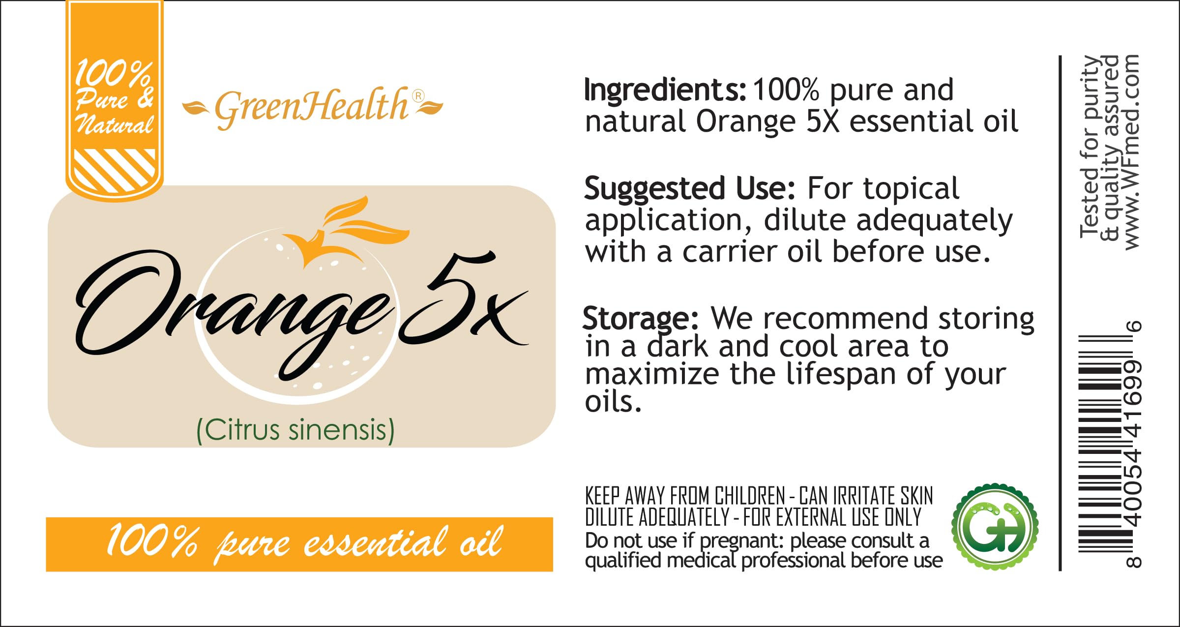GreenHealth Orange 5X essential oil label detail highlights product purity
