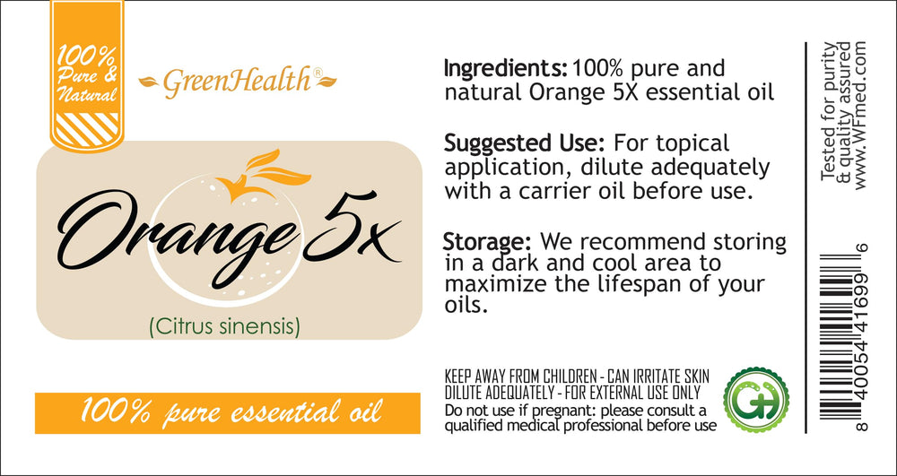 GreenHealth Orange 5X essential oil label detail highlights product purity