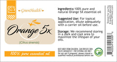 GreenHealth Orange 5X essential oil label detail highlights product purity