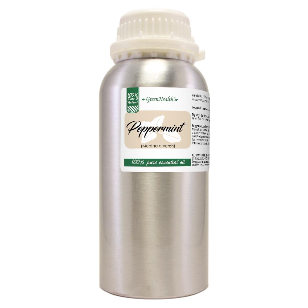 GreenHealth peppermint oil bottle aluminum cap close-up, preserving potency and light protection.