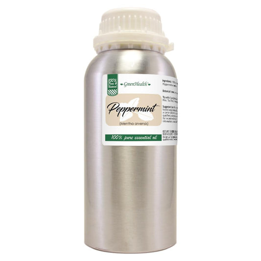 GreenHealth peppermint oil bottle aluminum cap close-up, preserving potency and light protection.