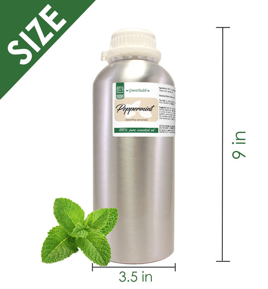 GreenHealth Peppermint Oil in aluminum bottle highlights purity and long-term storage.