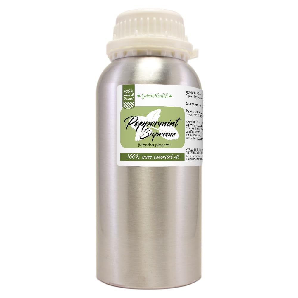 GreenHealth peppermint oil bottle in aluminum packaging for pure essential oil storage