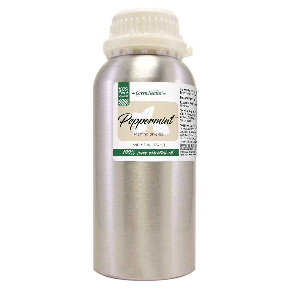 GreenHealth Peppermint Oil bottle showcased, full-strength aroma for diffusers and DIY blends.
