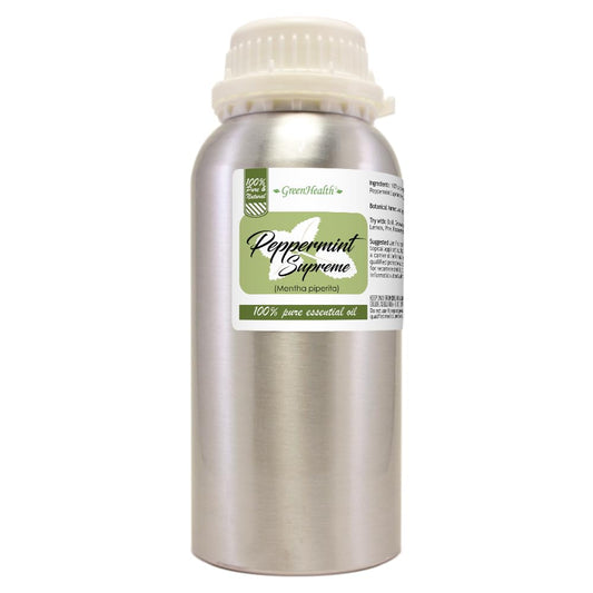 GreenHealth peppermint oil bottle in aluminum packaging for pure essential oil storage