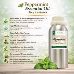 GreenHealth Peppermint Oil label close-up emphasizing purity and quality.