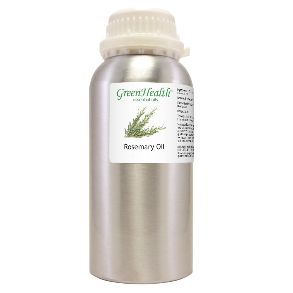 GreenHealth Rosemary Essential Oil bottle with plug cap showing freshness.