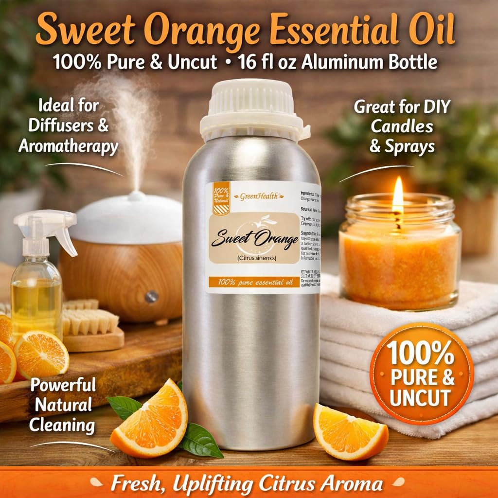GreenHealth Sweet Orange essential oil aluminum bottle cap visible for secure storage and leak protection