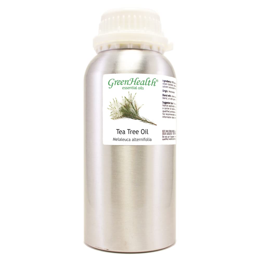 GreenHealth Tea Tree Oil bottle front highlights pure, undiluted oil for bulk use