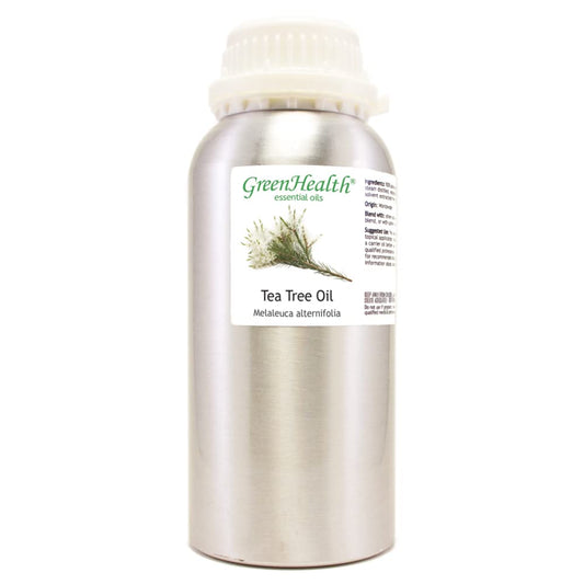 GreenHealth Tea Tree Oil bottle front highlights pure, undiluted oil for bulk use