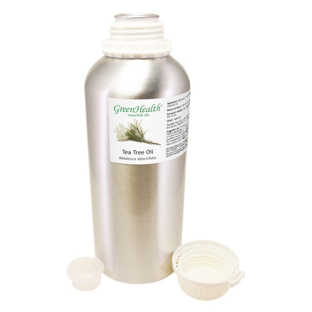 Closeup label of GreenHealth Tea Tree Oil emphasizing purity