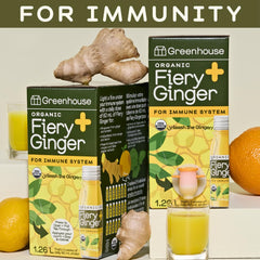 Greenhouse Juice Co Fiery Ginger Wellness Shot Box bag-in-box packaging highlights freshness.