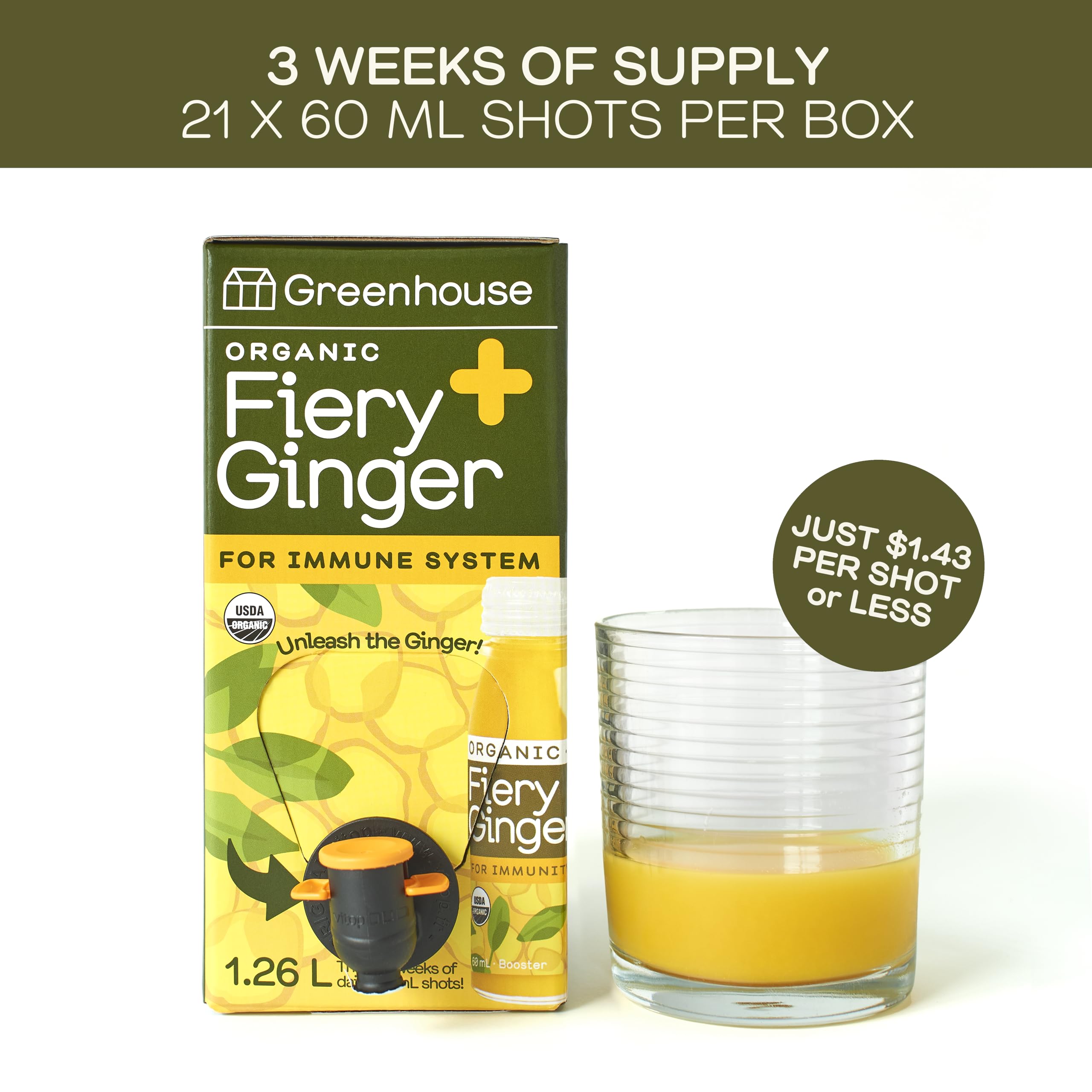 Greenhouse Juice Co Fiery Ginger Wellness Shot Box dispense shows convenient daily servings.
