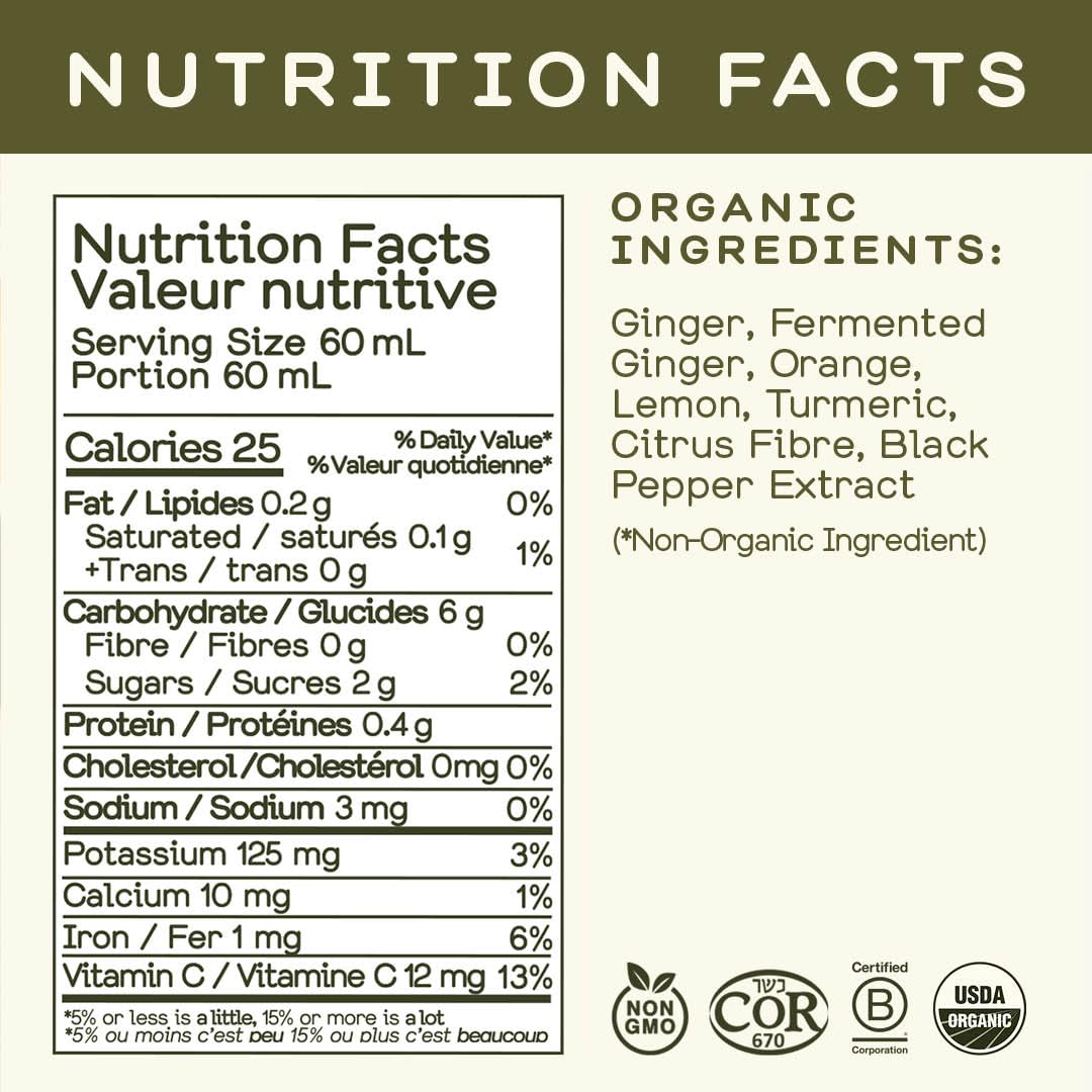 Greenhouse Juice Co Fiery Ginger Wellness Shot Box flavor delivers heat with citrus notes.