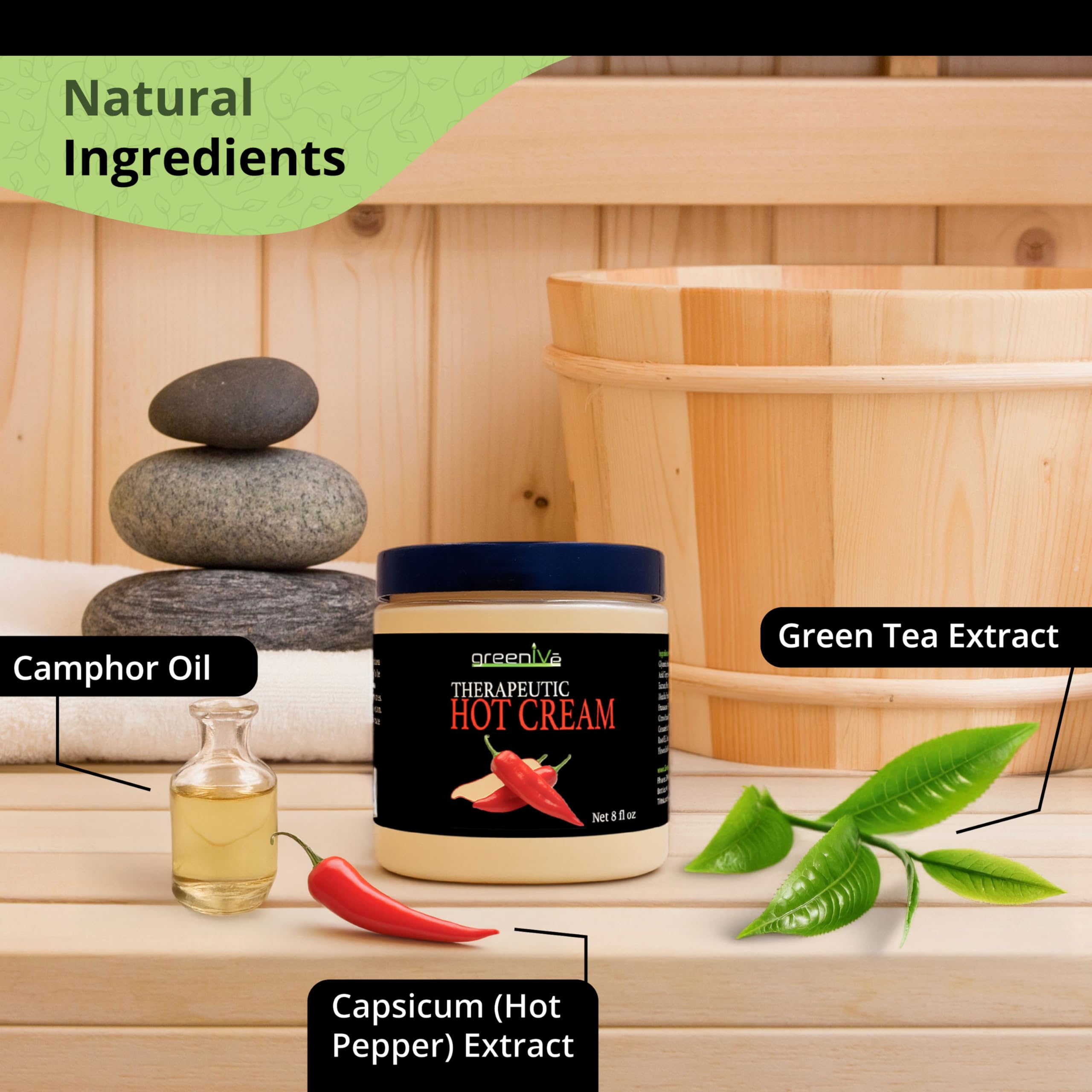 Packaging display of GreenIVe Hot Cream Massage Lotion for easy access.