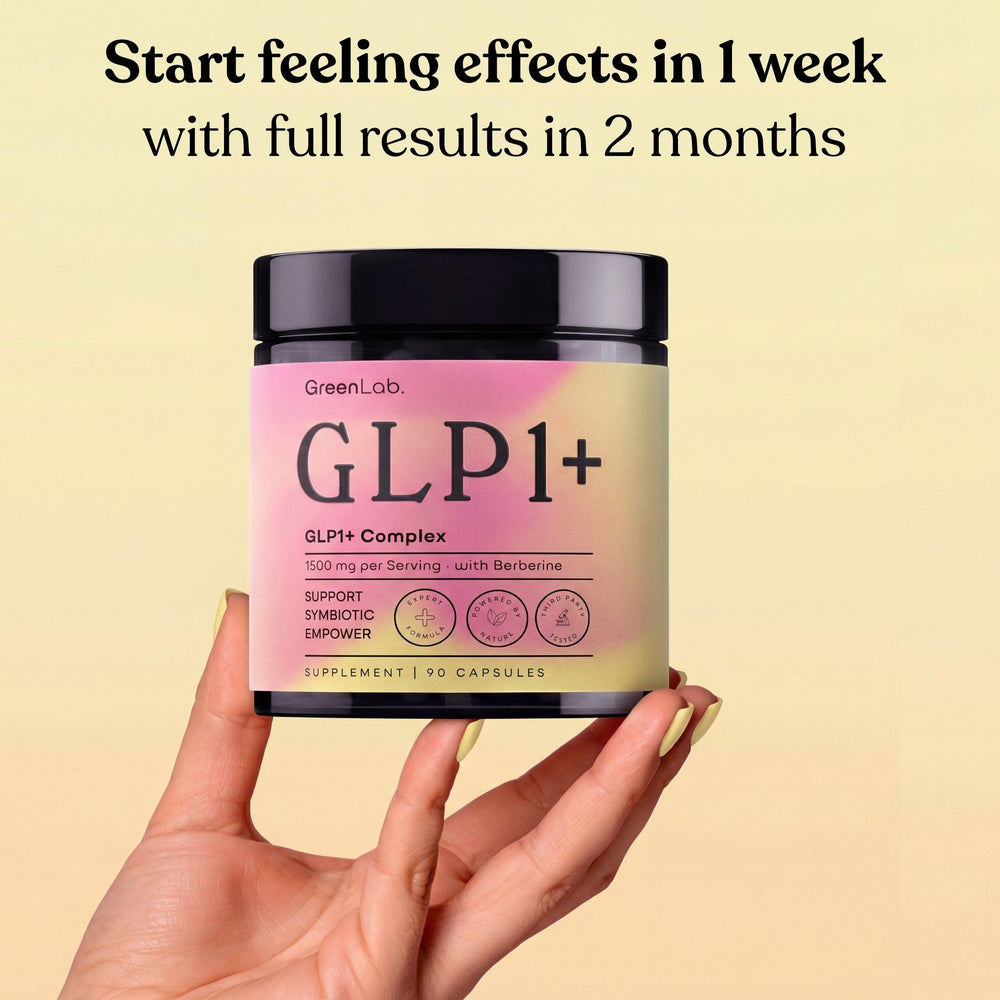GreenLab GLP-1 probiotic capsules emphasizing gut-friendly blend.