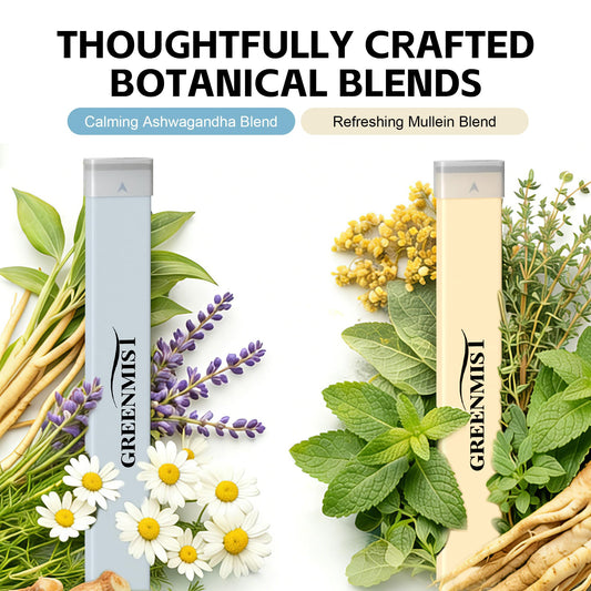 GreenMIST herbal diffuser pen ashwagandha blend delivering lavender-chamomile calm at night.
