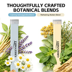 GreenMIST herbal diffuser pen ashwagandha blend delivering lavender-chamomile calm at night.