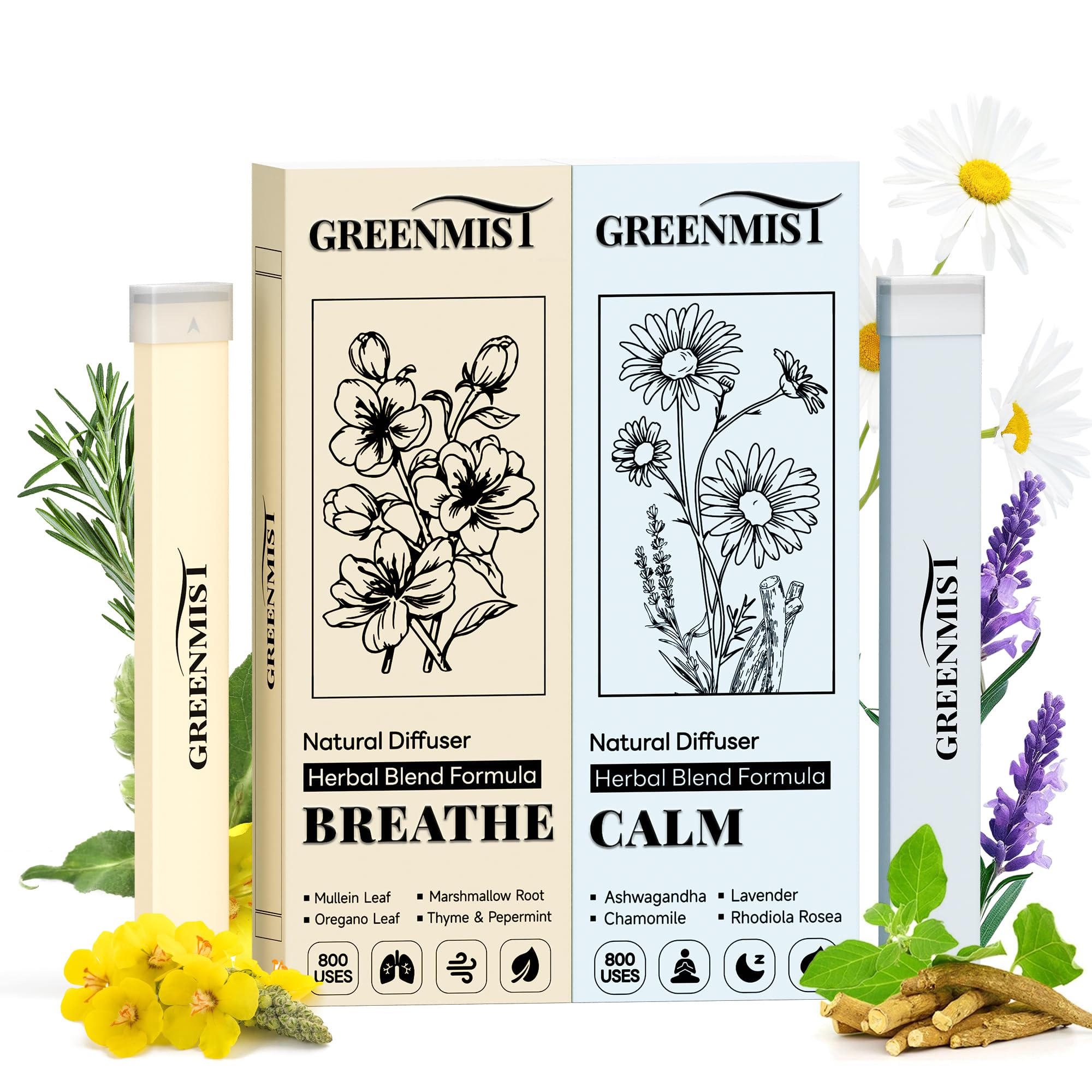GreenMIST herbal diffuser pen mullein blend for a refreshing minty aroma at work.