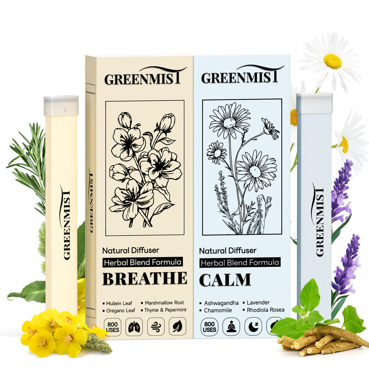 GreenMIST herbal diffuser pen mullein blend for a refreshing minty aroma at work.