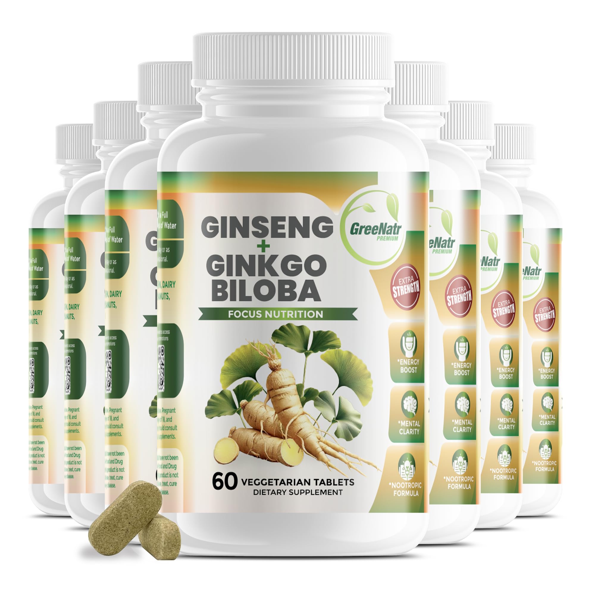 Greennatr Ginko Biloba & Panax Ginseng bottle front for daily brain energy